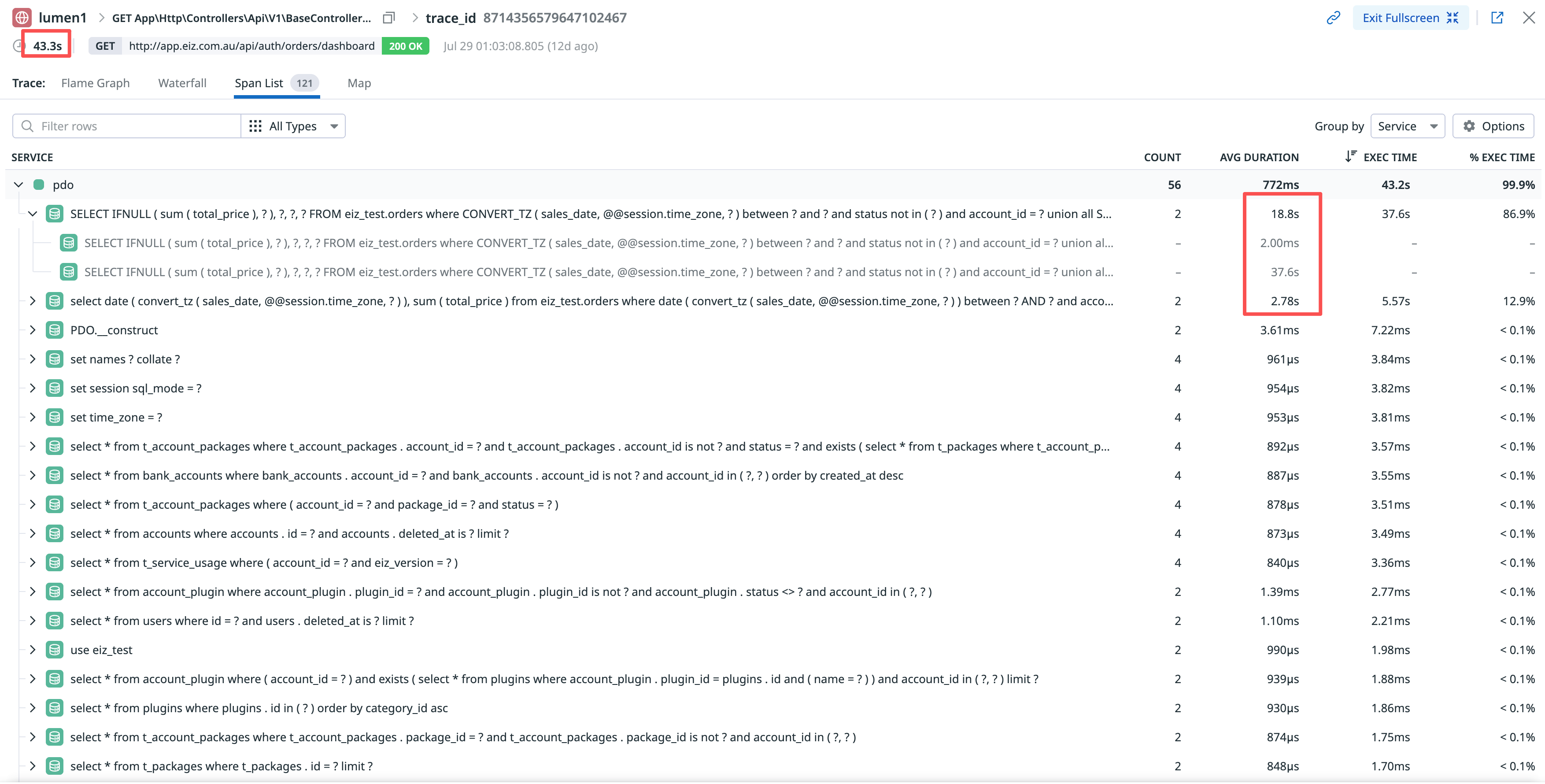 Datadog APM: GET /v3/storefront/overview 耗时 1.07s